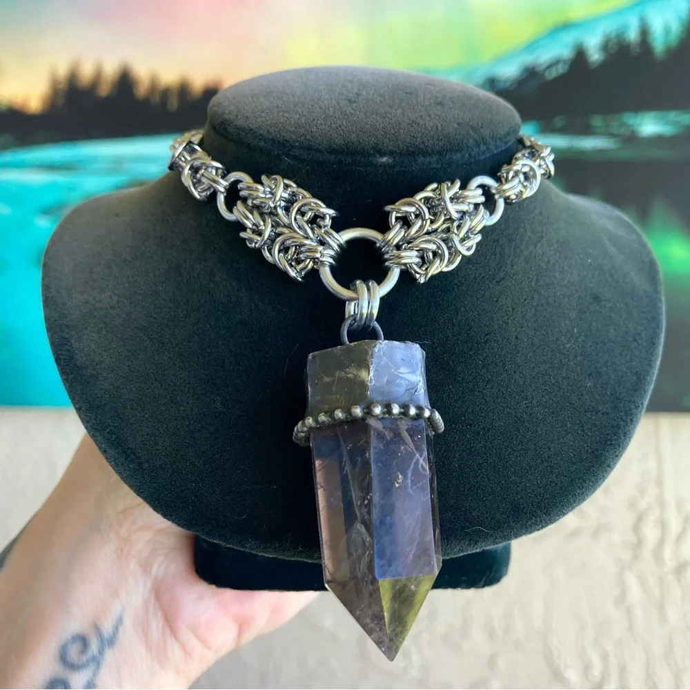 Handmade big raw black Smokey crystal quartz maille silver boho goth necklace - Picture 11 of 16